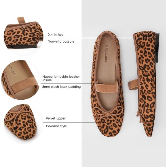 Women's Leopard Velvet Bow Upper Round Toe Ballerinas Pull On Flats Ballet Shoes - Picture 4 of 6